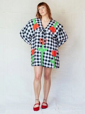 boyko Black & White Gingham Tulip Tunic with Red & Green Accents